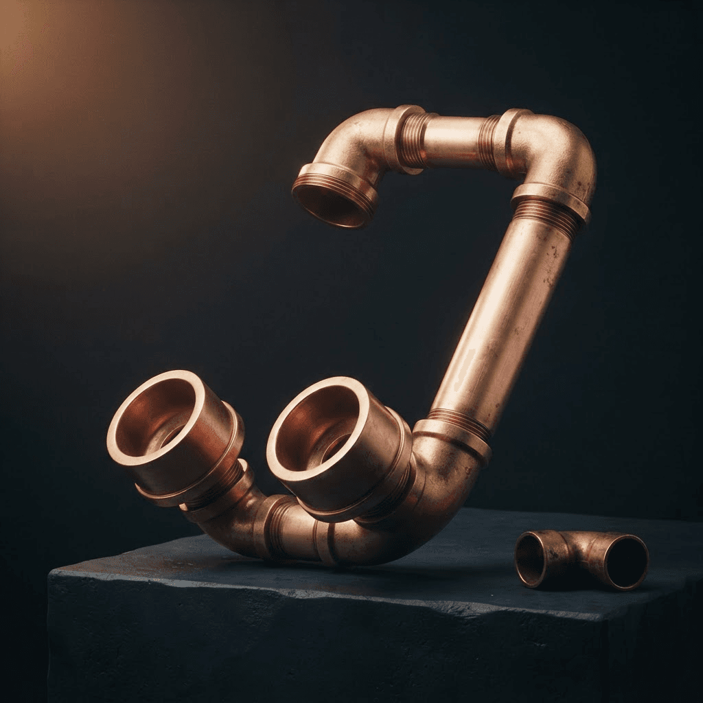 A sculptural telephone receiver made from copper plumbing fittings, resting on a dark stone plinth.