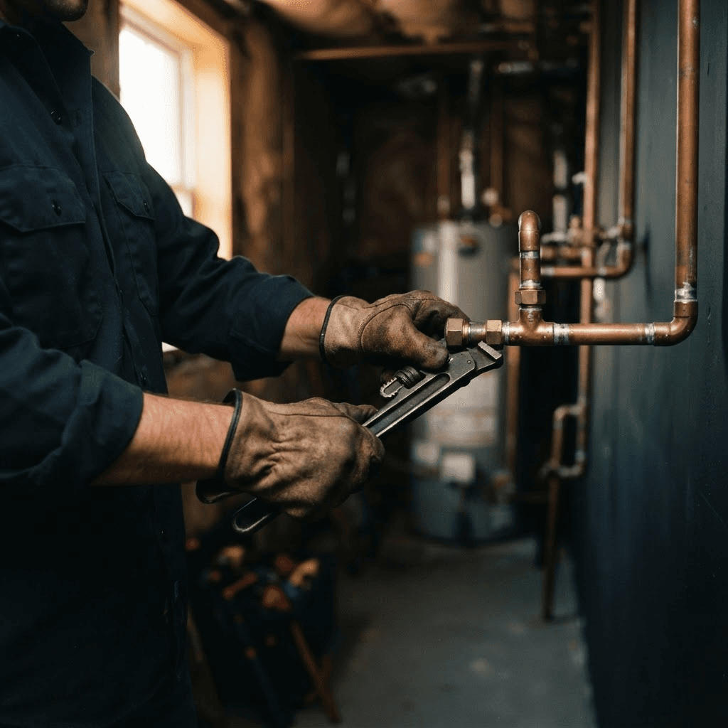 Gloved hands carefully adjusting a copper pipe fitting with a wrench in a warmly lit workshop.